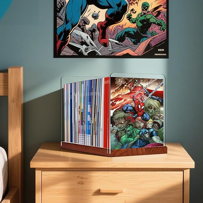 Comic Book Storage Holder，Wood Comic Book Case with three acrylic dividers，Acrylic Comics Book Box，Bin & Organizer，Stores Up To 150 Comics (Brown)