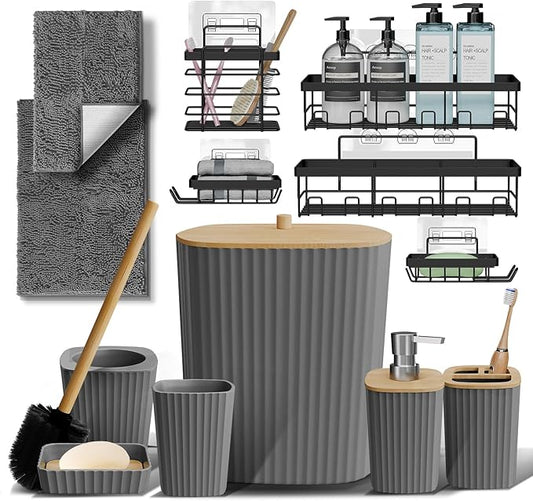 Clara Clark Bathroom Set - Grey Bathroom Accessories Set, 6PC Bathroom Accessory Set, Bathroom Sets with Bathroom Rugs, Adhesive Corner Shower Caddy Hanging, Toilet Brush, Trash Can & Soap Dispenser