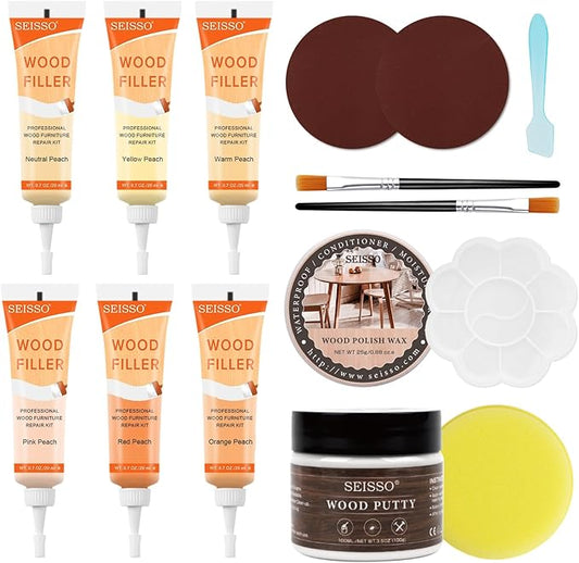 Wood Furniture Repair Kit, 6 Colors Wood Touch up Fillers Hardwood Laminate Vinyl Floor Repair Kit with Wood Putty, Wood Polish Wax for Hole, Scratch, Crack, Stain (Peach Wood 16Pcs)