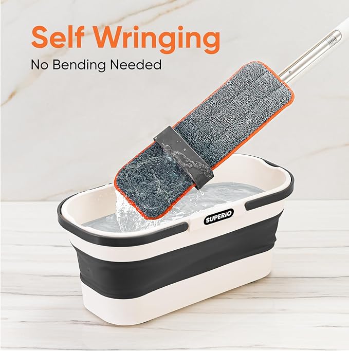 Superio Self-Wringing Microfiber Cleaning Mop with Hands-Free Wringing Blade and 3-Pack Reusable & Washable 8" x 4.5" Microfiber Mopping Pad for Home, Kitchen, Bathroom, Streak-Free Cleaning