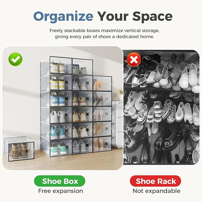 DUMOS 12-Pack Clear Shoe Boxes, Stackable Shoe Storage Container Organizer with Lids, Plastic Sneaker Case for Under Bed, Entryway, Sneaker Display and Storage, Black
