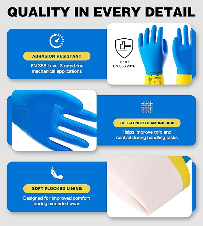 Neoprene and Rubber Blend Heavy-Duty Chemical Gloves, Protective industrial gloves for Resist Acid, Alkali, Hazmat, cleaning, dishwashing, Large