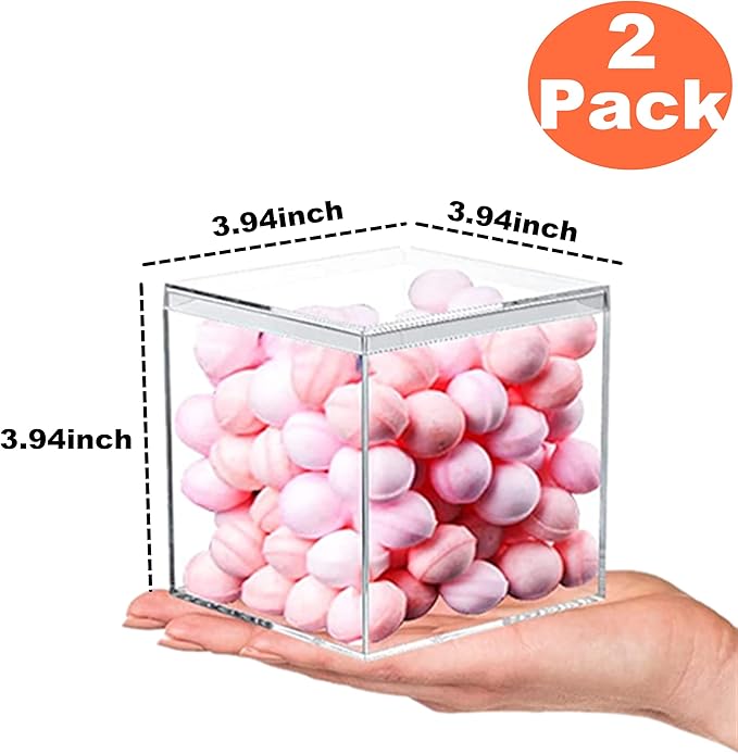 Acrylic Box with Lid 2 Pieces 4*4*4 Inch Clear Square Cube Plastic Decorative Boxes Clear Display Box Candy Jewelry Storage Boxes Organize Containers for Birthday Valentine's Day Party Favor