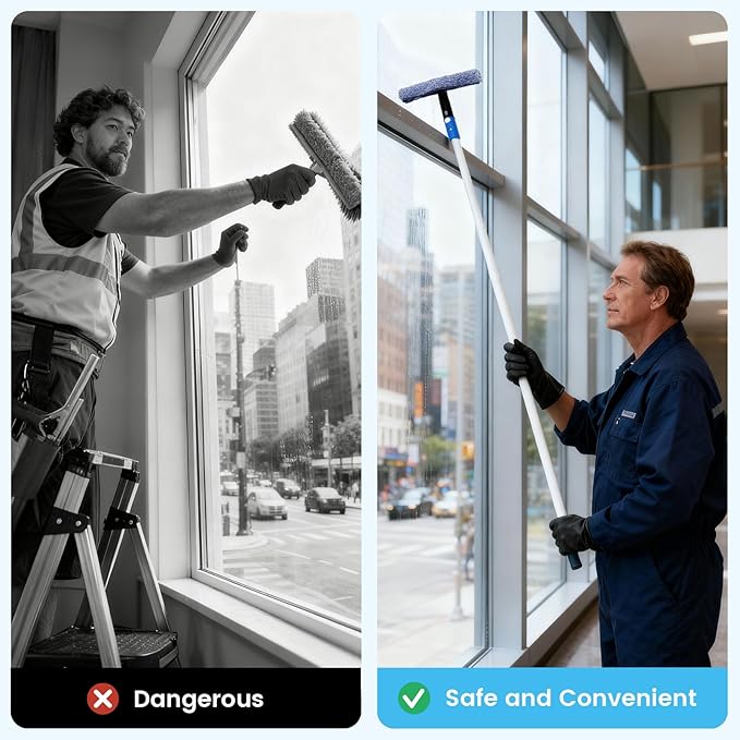Window Cleaning Kit,Window Washing Kit with 4.13Ft Extension Pole,Window Cleaner Tool with 4 Stage Telescoping Pole, A Silicone Scraper and 2X Microfiber Scrubber Sleeves