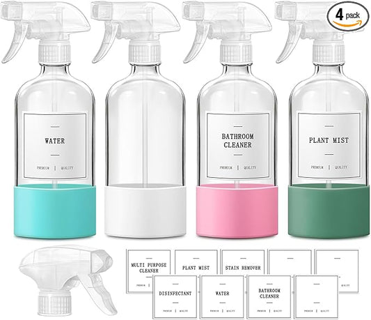Glass Spray Bottles for Cleaning, 4 Pack Clear Empty Spray Bottle for Cleaning Solutions, 17 fl oz Reusable Spray Bottle for Plants with Silicone Boot, Cleaning Spray Containers with Labels
