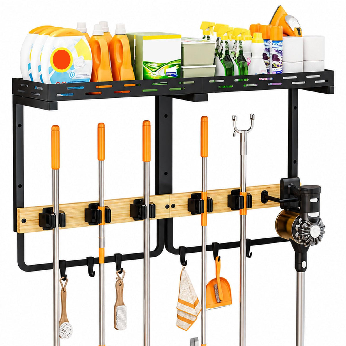 Large Broom Holder and Mop Organizer Wall Mount with Shelf - Image 1