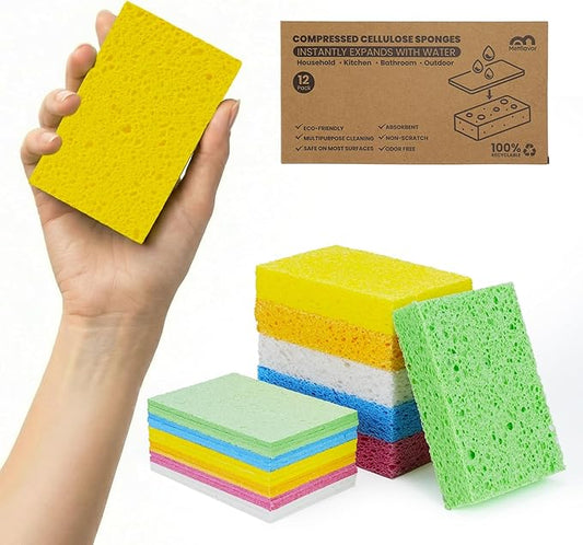 Kitchen Sponges, 12 Count, Non-Scratch Compressed Natural Cellulose Sponges for Dishes, Biodegradable & Compostable, Pop-up for Easy Storage, DIY Crafts and Cleaning
