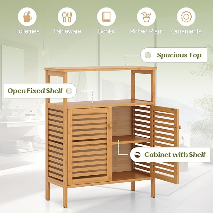 Tangkula Bamboo Floor Cabinet, Bathroom Storage Cabinet with Double Slatted Doors, Open Shelf, Removable Shelf, Storage Organizer for Bathroom Doorway Living Room Kitchen