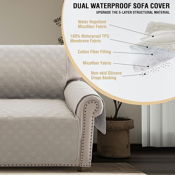 PrinceDeco Oversized Couch Cover for 3 Cushion Couch Extra Large Sofa Cover for Dogs Water Proof Furniture Protector Cover with Elastic Straps for Pet (Oversized Sofa, French Oak)