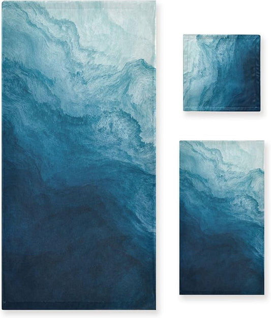 3 Piece Blue Sea Waves Bath Towel Set,Microfiber Modern Abstract Navy Ocean Beach Theme Decorative Guest Bathroom Towels,1 Bath Towel 1 Hand Towel for Bathroom Kitchen,1 Washcloth for Face