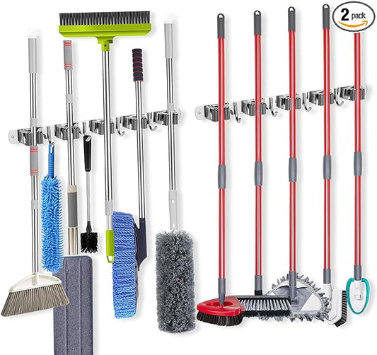 voze [2 Pack] 5 Racks and 4 Hooks Mop and Broom Holder Wall Mount, Self Adhesive Heavy Duty Broom Organizer Storage Tool Racks for Kitchen Garden Laundry Garage, Silver