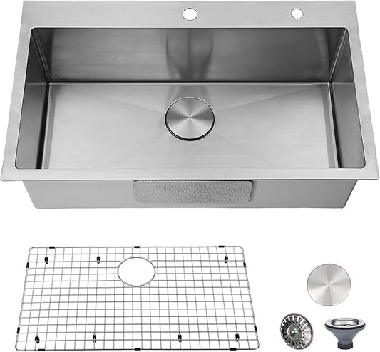 30 inch Drop in Kitchen Sink, Topmount Single Bowl 304 Stainless Steel Handmade Satin Finish Kitchen Sinks with Dish Grid and Strainer
