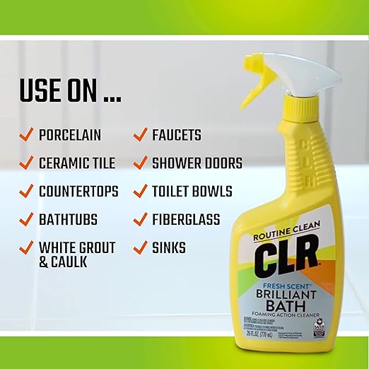 CLR Brilliant Bath Foaming Bathroom Cleaner Spray - For Use On Toilet, Bath, Shower, Sink, Glass, Stainless Steel - Fresh Scent, 26 Ounce Bottle (Pack Of 2) & OXO Good Grips Grout Brush