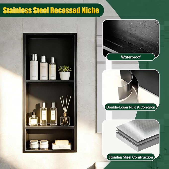 EasyVibe 3-Tier Matte Black 304 Stainless Steel Shower Niche 30 x 12 Inch, No Tile Needed Triple Shelf Recessed Wall Organizer, Pre-Finished Large Storage Insert for Shower & Kitchen