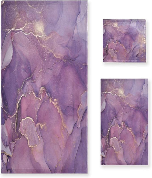 3 Piece Marble Bath Towels Set,Microfiber Absorbent Purple Gold Ombre Marble Texture Elegant Towels for Bathroom,1 Bath Towel,1 Hand Towel,1 Washcloth,Abstract Decorative Bathroom Towels