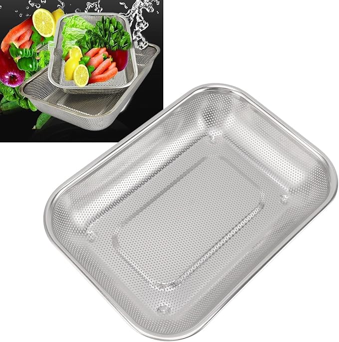Mesh Vegetable Washing Basket, Large Stainless Steel Colander Strainer, Fruit Vegetable Rectangular Mesh Strainer Screen Basket Sink Colander Vegetable Washing Basket (L)