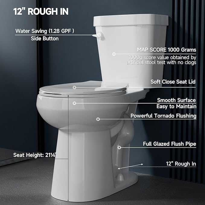 Compact Extra Tall Toilet 21 Inch for Small Bathroom 1.28 GPF Tornado Single Flush - Two Piece Comfort High Toilet for Seniors, 20.5 Inch Bowl Height, 21.25 Inch Seat Height, 12" Rough In,White