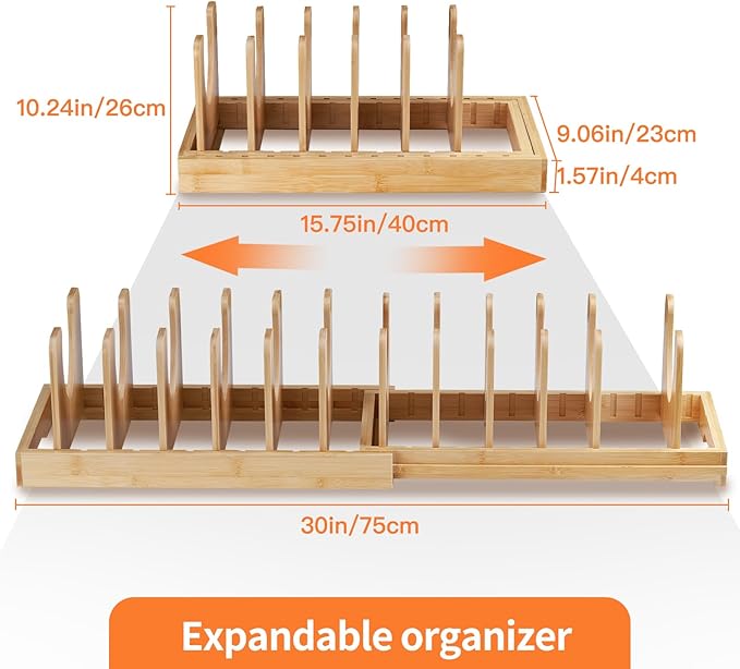 Bamboo Pots and Pans Organizer under Cabinet, Expandable Pot lid Holder Rack and cutting board organizer, Adjustable Bakeware Cookie Sheet Tray for Kitchen Storage