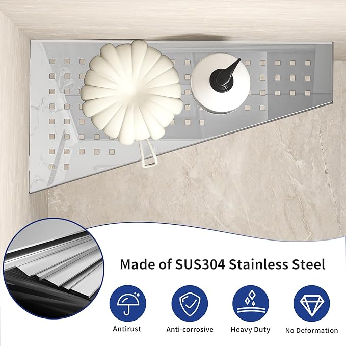 Corner Shower Shelf 12" Polished 304 Stainless Steel Recessed Trapezoid Grout in Shelves with Grid Design Bathroom Shelf Racks for Tiled Wall, 2 Pack