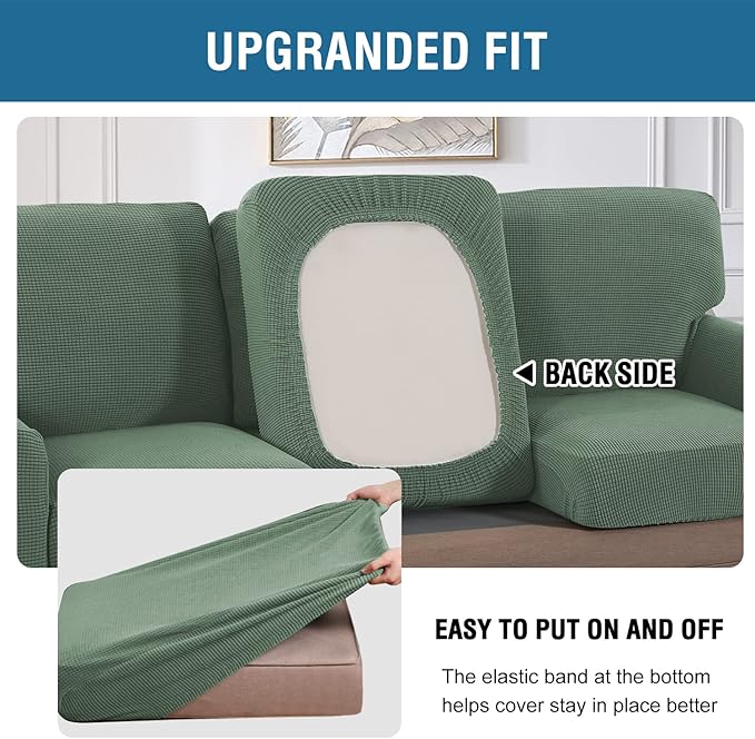 H.VERSAILTEX Multi-Pieces Sofa Covers Stretch Couch Covers Form Fitted Seats and Back Cushions Covers (3 Seat Covers Plus 3 Back Cusion Covers, Bonus 2 Armrest Covers), Loden Frost
