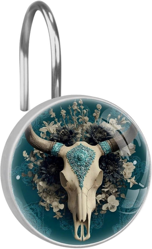 12 Packs Cow Skull Shower Curtain Hooks, Stainless Steel Glass Shower Curtain Rings for Bathroom Decor, Metal Rustproof Curtain Rod Hooks