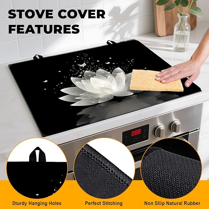 Stove Top Cover for Home Decoration Kitchen Pad Washable Cooktop Covers Countertop Stove Protector Mat for Home Kitchen Cooktops (white flowers, 28"x20")