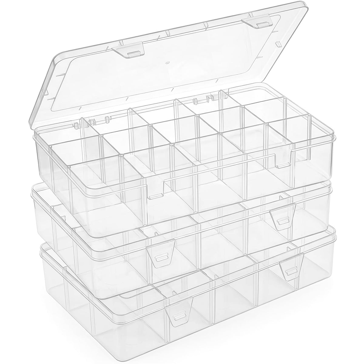 Bead Organizer Storage 3 Pack 15 Grid Clear Plastic Tackle - Image 1