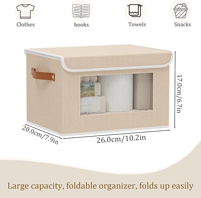 Cloth Storage Boxes, Storage Bins with Lids, 10.2 x 7.8 x 6.7 Inch Closet Organizers for Shelves Bedroom Office Organization, Beige, 5-Pack