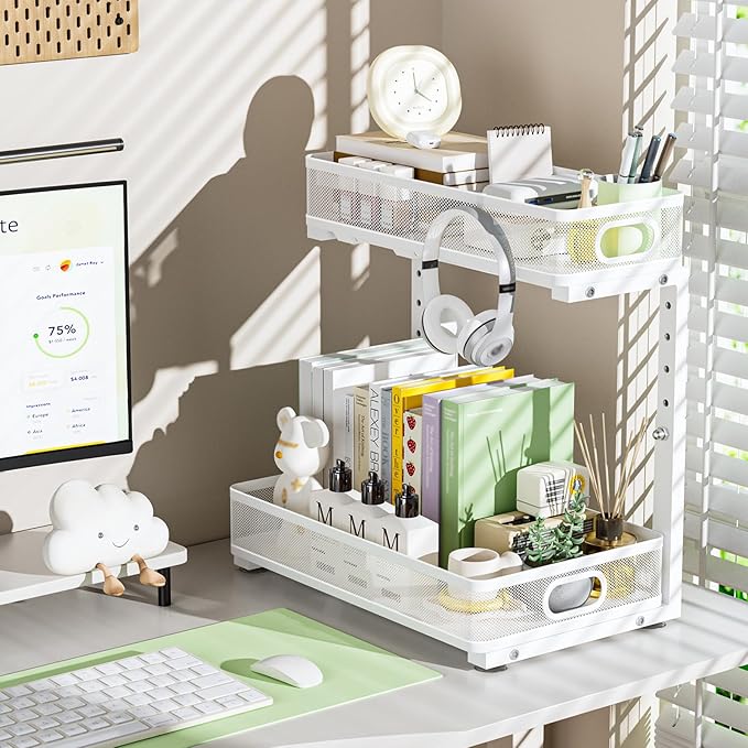 Under Sink Organizer, Height Adjustable 2 Tier Under Sink Organizers and Storage, Slide Out Metal Cabinet Organizers, Pull Out Sink Storage Drawer Shelf for Kitchen Bathroom Cabinet, White, 1 Pack