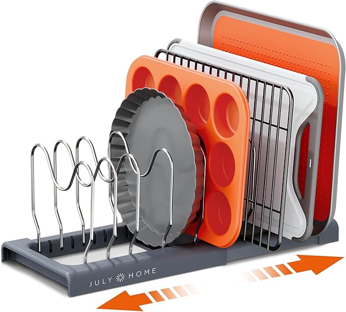 JULY HOME Expandable Pot and Pan Organizer Rack for Cabinet, Pot Lid Organizer Holder with 7 Adjustable Compartments, Cutting Board, Cookware, Bakeware & Frying Rack Organizer for Cabinet (Gray)