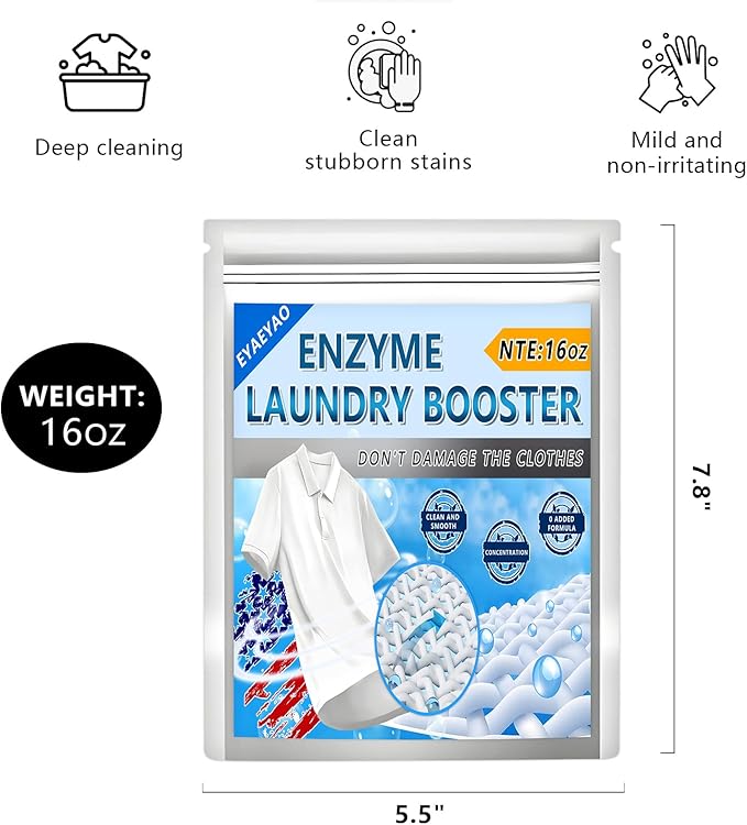 Bio Enzyme Laundry Booster Powder - Ultra-Concentrated Stain & Odor Remover for Whites & Colors | Oxygen Bleach Alternative | Non-Toxic, Biodegradable Formula | Works in All Washing Machines (16 oz)