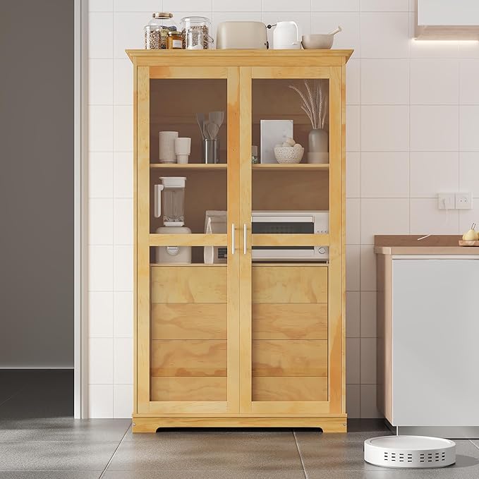 Kitchen Pantry Cabinet 44.7Wx20Dx75H inch, Freestanding Storage Display Cabinets with Glass Doors and 4 Built-in Drawers for Living Room, Home Office,Natural