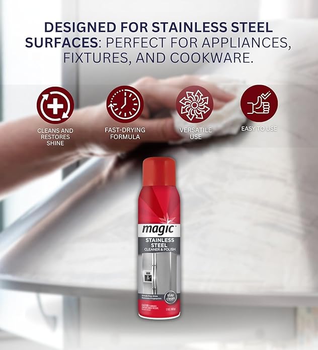 Magic Stainless Steel Cleaner & Polish Spray 17 oz Bundle with Microfiber Cloth - Foaming Formula for Easy Cleaning of Appliances, Sinks, and Chrome Surfaces - Gift Set (3 Items)