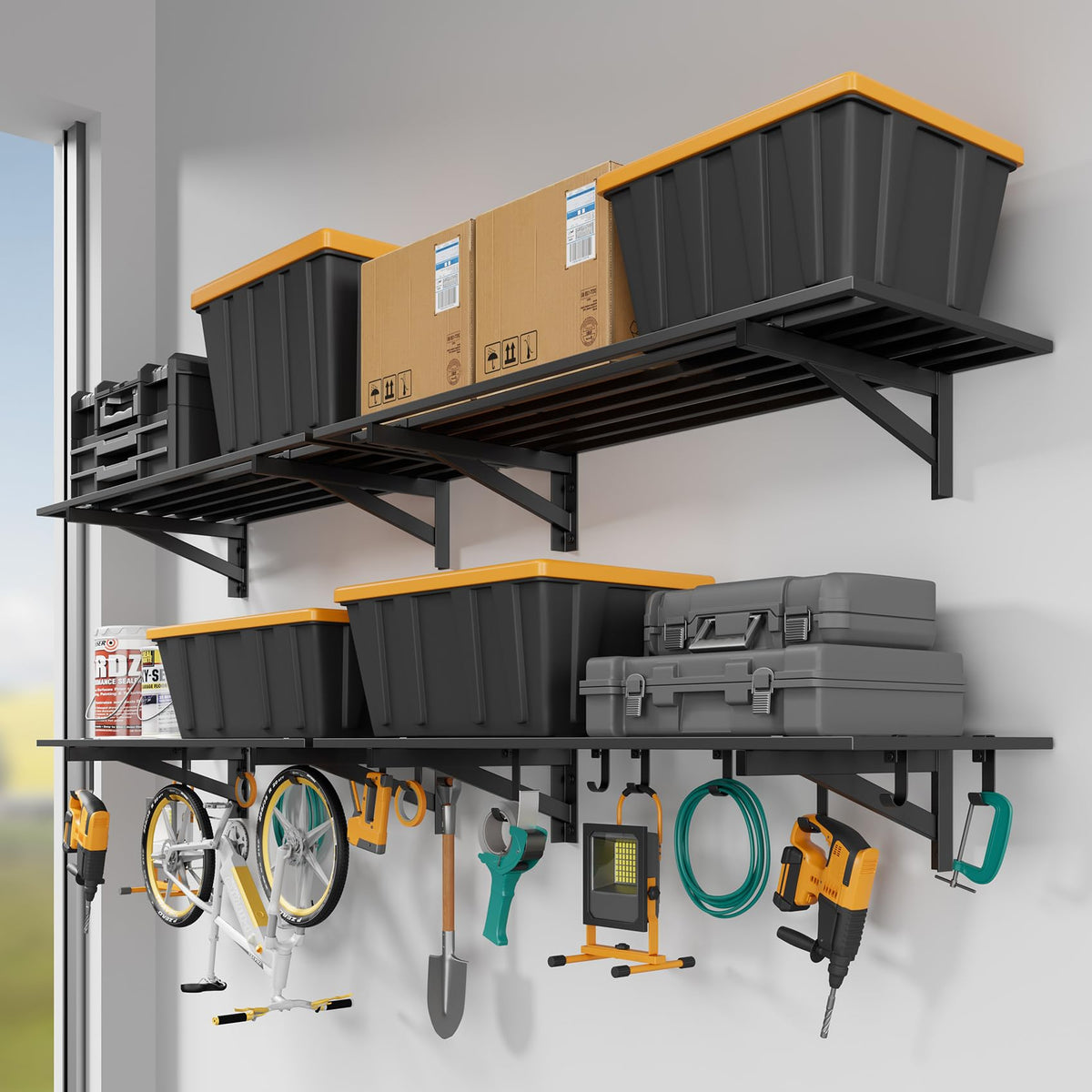 4 Pack Garage Shelving Wall Mounted with 16 Hooks, 1.5x4ft - Image 1