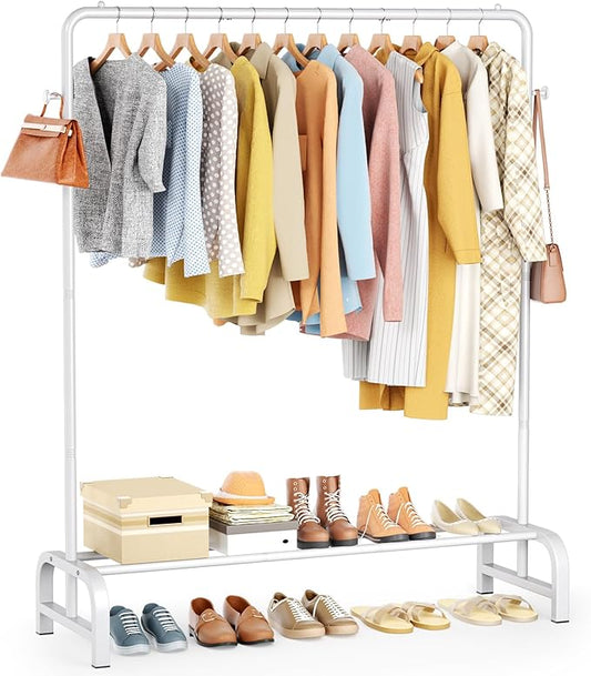 Clothes Rack With Storage Shelves and Coat/Hat Hook, Metal Clothing Rack for Hanging Clothes, Garment Rack for Bedroom, Laundry, Living Room, White