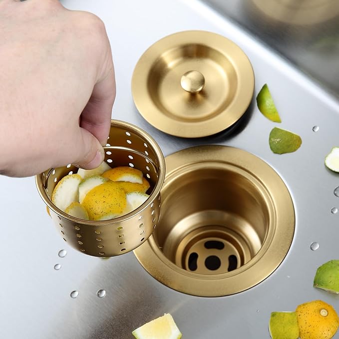 3-1/2-inch Kitchen Sink Drain, Stainless Steel Removable Deep Basket Strainer, Gold Kitchen Sink Drain with Tailpiece