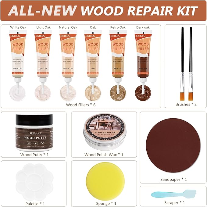 Natural Oak Wood Furniture Repair Kit, 6 Colors Wood Filler with Wood Putty, Wood Polish Wax for Holes, Scratches, Cracks, Stains, Restore Tables, Doors, Floors, Cabinet, Oak, Walnut - Set of 14