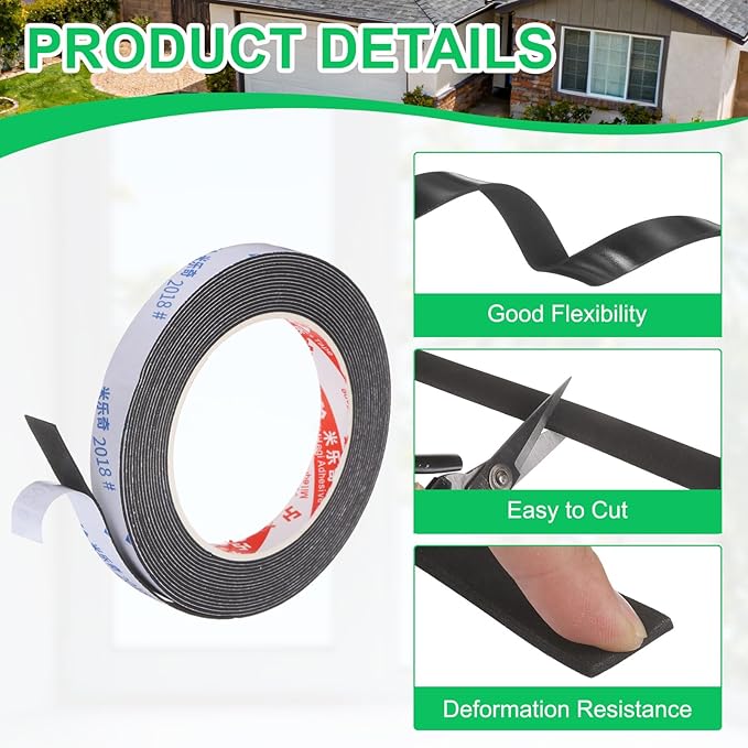 PATIKIL 5Roll Sponge Rubber Foam Tape, 5/8" W x 5/64" t x 16.4ft l Self-Adhesive Foam Insulation Tape Weather Stripping for Window Door Soundproofing Weatherstrip AC Seal Strip, Black