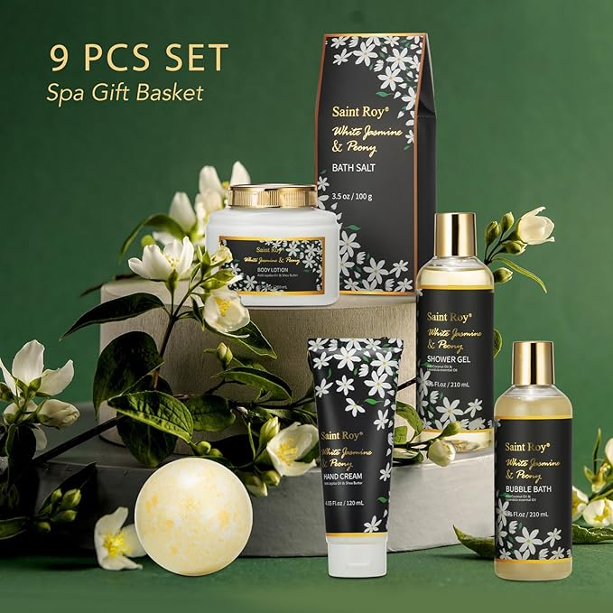 11 Pcs Spa Day Gifts for Women, White Jasmine & Peony Spa Gift Basket Set, Self-Care Relaxation Kit, Nail Clippers Set, Bath & Body Care Set, Bomb, Birthday, Mother's Day, Christmas, Anniversary