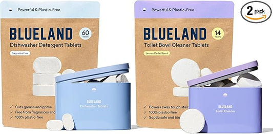 BLUELAND Dishwasher & Toilet Cleaner Duo | Dishwasher Detergent Tablet Starter Set | Toilet Bowl Cleaner Starter Set | No Harsh Chemicals, Plant-Based | Natural, Sustainable