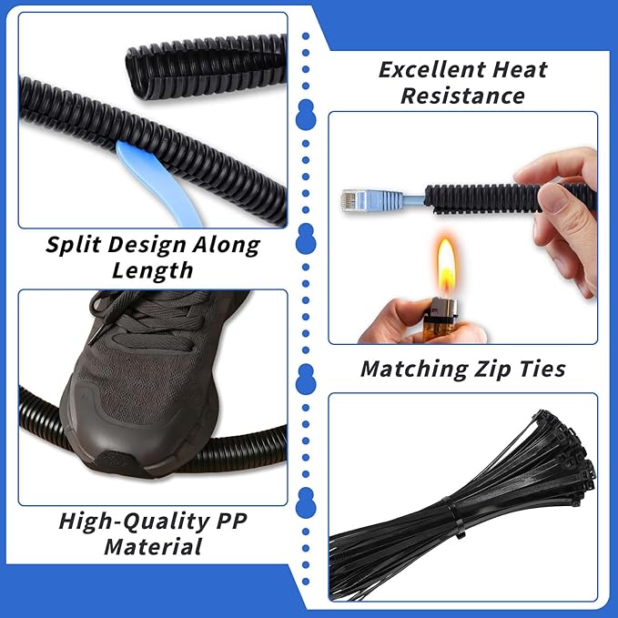 250FT Split Wire Loom Tubing, 1/2 Inch Wire Protector Tubing, Automotive Wire Flexible Conduit Cord Covers with 20 Cable Ties for Automotive Marine RV Agriculture Electrical Cable Protection