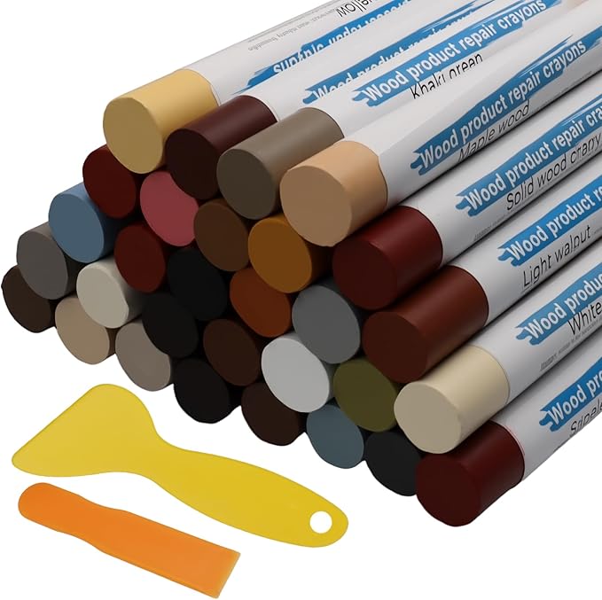 Zorfeter 30 Pack Wood Filler Sticks with 2 Scrapers, 30 Colors Wood Wax Crayons Furniture Repair Kit, Scratch Repair Crayons for Floors Cabinets Tables Doors