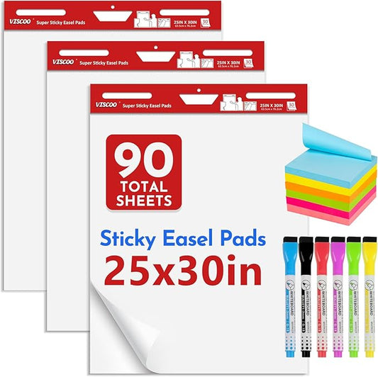 Thickened Sticky Easel Pad, 25 x 30 Inches Flip Chart Paper for Teachers, Giant Self-Stick Chart Paper for Wall, Anchor Chart Paper for Classroom/Office with Sticky Note, 90 Sheets/3Pad