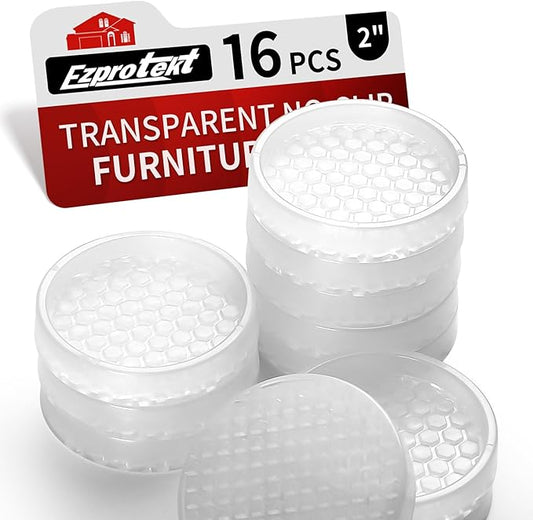 Ezprotekt Non Slip Furniture Pads, 16 Pcs 2" Anti Slip Rubber Caster Cups, Anti Skid Furniture Coasters for Hardwood Floors, No Slide Furniture Gripper, Furniture Stoppers to Prevent Sliding (Clear)
