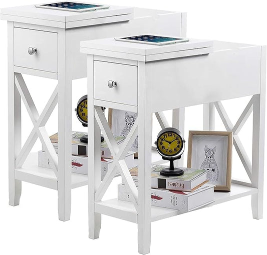 ChooChoo End Table Set of 2, Flip Top Narrow End Table with Drawer, Accent Small Side Table Nightstand for Living Room, Bedroom, and Small Spaces, White