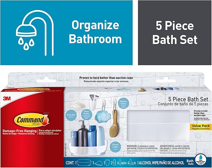 Command Bathroom Accessories, 5 Piece Bathroom Organizer Set - 1 Shower Caddy, 1 Soap Dish, 1 Toothbrush Holder, 2 Hooks with Water Resistant Strips