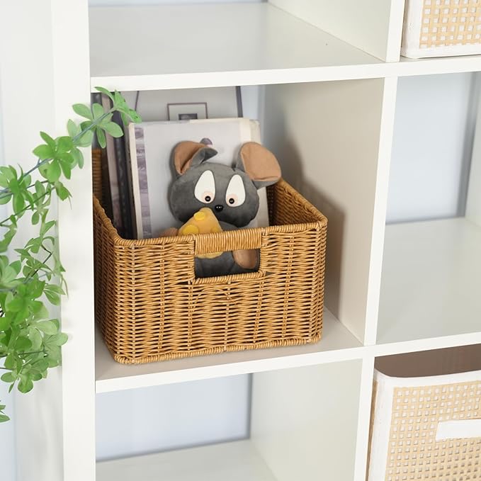 YRMT Rattan Storage Basket Pantry Basket with Built-in Handles Wicker Basket for Organizing Shelves Waterproof Woven Basket Nature (14"x10"x6.3")