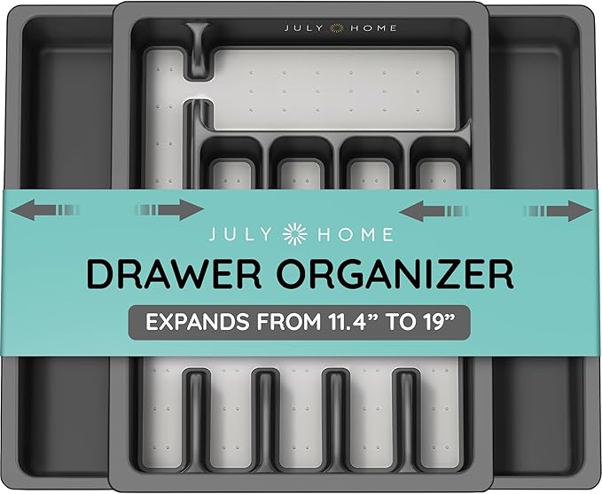 JULY HOME Expandable Kitchen Drawer Organizer - Plastic Flatware Utensil Holder Cutlery Tray Multipurpose Organizer,Tip-Out Trays