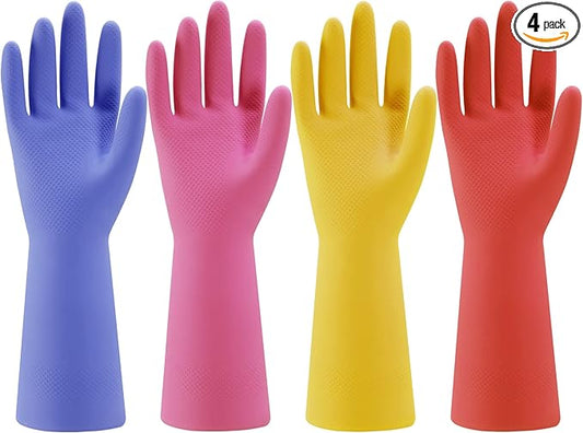 Rubber Kitchen Dishwashing Gloves - 4 Pairs Colorful Reusable Household Cleaning Gloves for Washing Dishes and Cleaning Tasks, Flexible Long-lasting and Non-Slip (Medium, Blue+Pink+Yellow+Red)