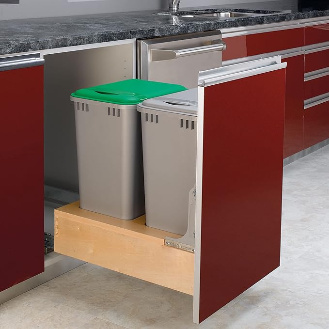 Rev-A-Shelf Double 50-Quart Pullout Under Cabinet Trash Cans with Soft Open & Close Slide System, Metallic Silver, Maple Wood Bottom 4WCBM-2150DM-2